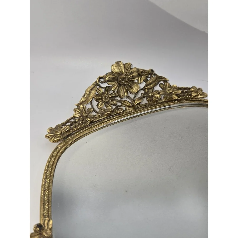 Vintage Matson Gold Gilded Floral Vanity Mirror Tray Hollywood Regency 17.5 inch